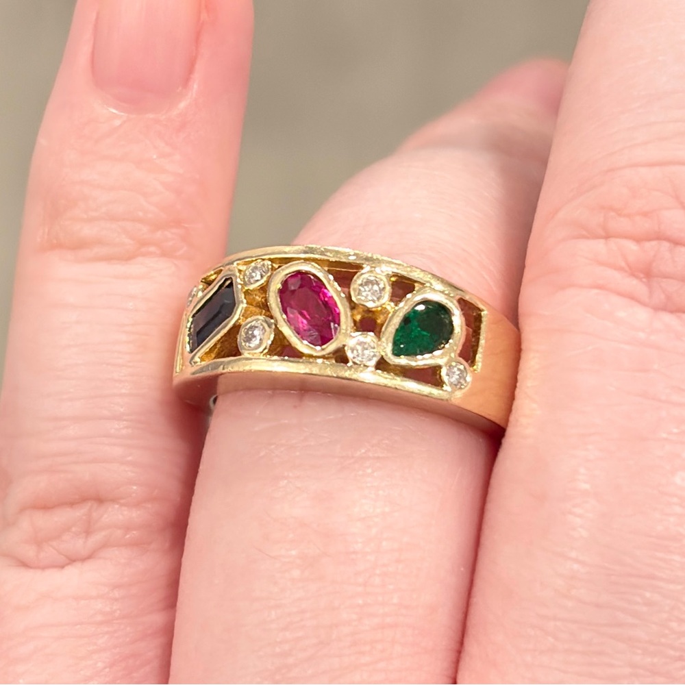 Vintage 14K Natural Precious Gemstone Ring Ruby Sapphire Emerald Diamond 7.5 - Picture 8 of 17